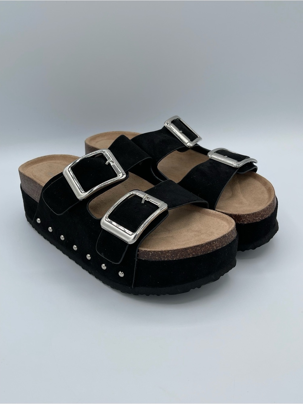 Madden Girl Black Suede Platform Slide Mules with Silver Buckles